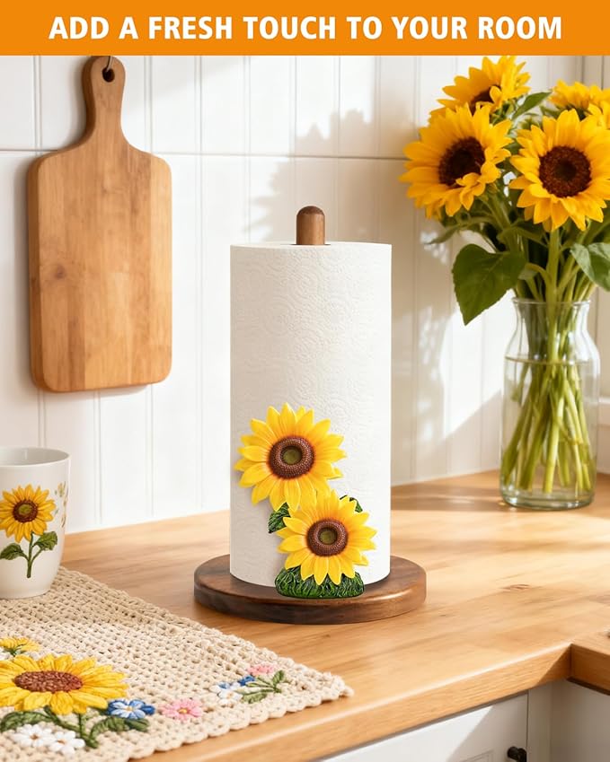 Sunflower Paper Towel Holder, Yellow Sunflower Kitchen Decor for Countertop, Gifts for Women Mom Grandma, Wooden Stand with 3D Resin Floral Accent, Non-Slip Base, Fits Standard & Jumbo Rolls