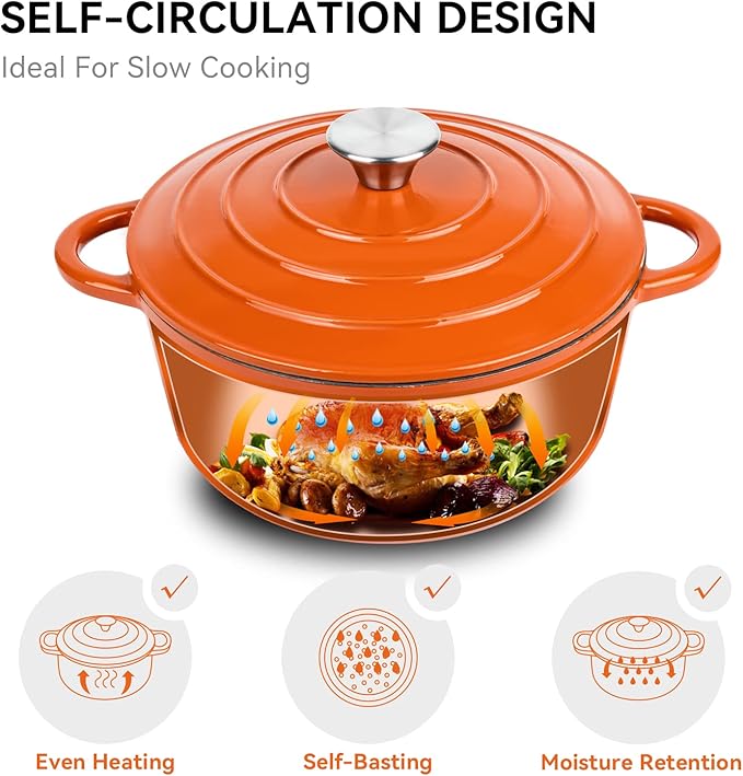 Miereirl 4.5 Quart Enameled Dutch Oven Pot with Lid, Cast Iron Dutch Oven with Dual Handles for Bread Baking, Cooking, Non-stick Enamel Coated Cookware (Orange) - Image 5