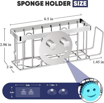MURLONG Sponge Holder for Kitchen Sink,Sink Caddy Smiley Face,4-in-1 Sponge Holder with Suction Cups & 1 PCS Adhesive Strips for Holding Soap,Brush,Scrubber,Sponge,Stopper-Silver - Image 2