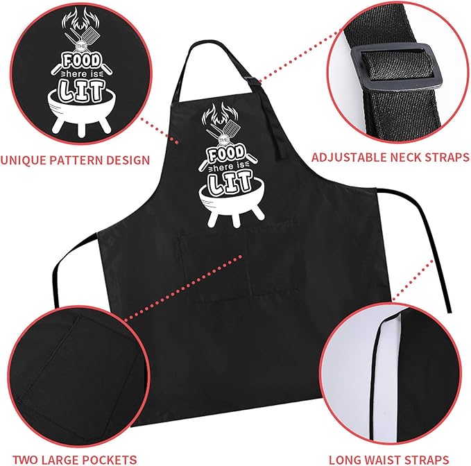 Rosoz Funny BBQ Black Chef Aprons for Men, The Food Here is Lit, Adjustable Kitchen Cooking Aprons with Pocket Waterproof Oil Proof Father’s Day/Birthday