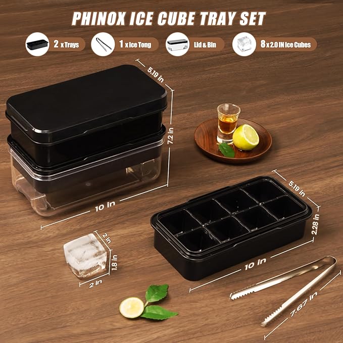 PHINOX Large Ice Cube Tray with Lid and Bin, Ice Trays for Freezer, 2 INCH Whiskey Ice Cubes Mold, 2*8 pcs Square Ice Cube Mold with Tong, Easy to Release, Large Ice Tray for Whiskey Cocktail Bourbon - Image 2