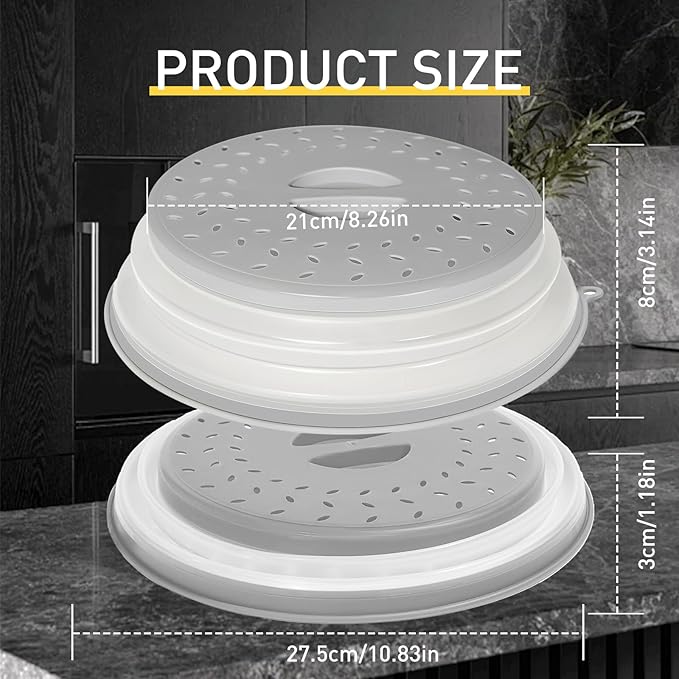 CasaCulina Collapsible Microwave Splatter Cover, Vented Microwave Lid with Hook Hole, Splatter Guard for Plate Dish Bowl, Vegetable Fruit Colander Multi-function Kitchen Gadget, BPA-Free (Grey) - Image 2