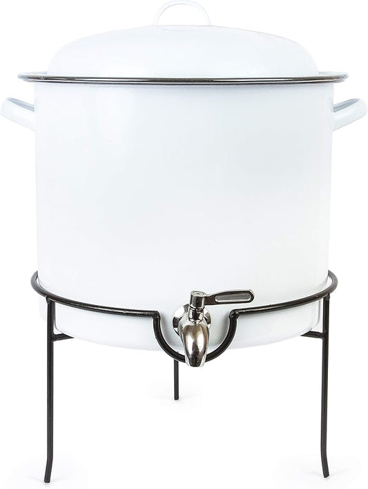 Enamelware Beverage Dispenser with Rack, 15 quart, Vintage White/Grey