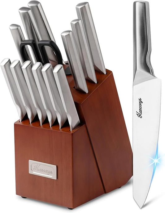 Knife Block Set, Japanese Stainless Steel Kitchen Knife Set with Built-in Sharpener, Sharp Knives with Non-slip Ergonomic Handle - Dishwasher Safe, Home Essential Gifts by EnergizeYourCooking