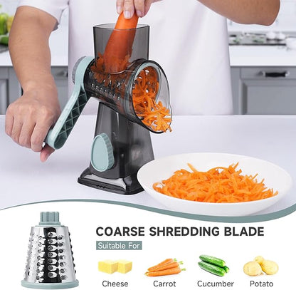 Cheese Grater Hand Crank, Manual Cheese Shredder with 3 Interchangeable Blades, Rotary Cheese Grater with Strong Suction Base, Easy to Use and Clean, GreyBlue - Image 2