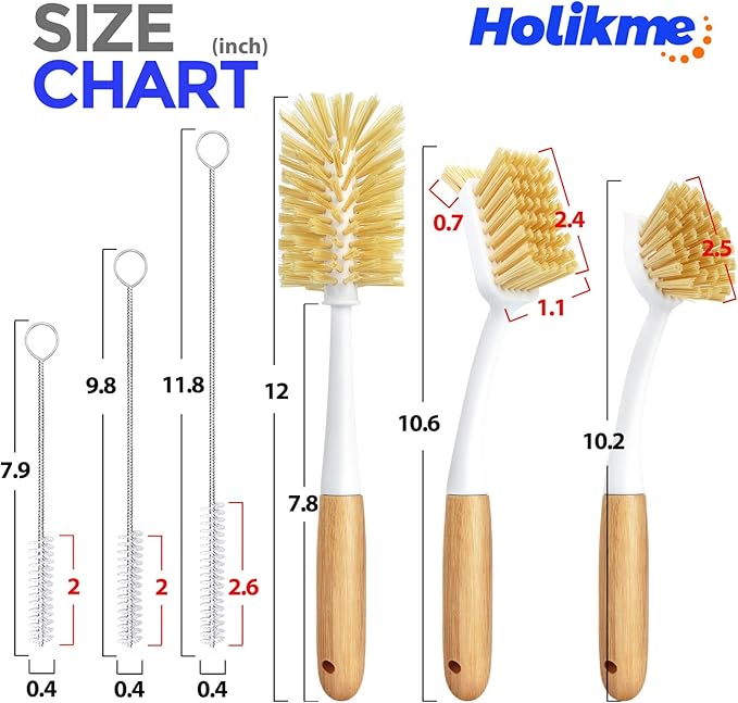Holikme 6 Pack Dish Brush Set with Bottle Brush, Dish Scrub Brush, Pan Brush and 3 Straw Brushes, Deep Cleaning Handle Brush with Scraper Tip for Kitchen Sink Dishes Bottle Cup Pot and Pans (Yellow) - Image 6