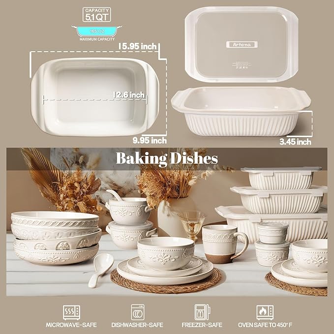 Artena Baking Dish 5.1 Quarts, Casserole Dishes For Oven, Baking Pan With Handles, Lasagna Pan Deep, Large Casserole Dish, Rectangular White Ceramic Bakeware (Baking Dish With Lids) - Image 2