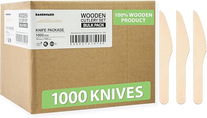 Wooden Knives 1000 Pieces Bulk Pack | Heavy-Duty Birch Wood Disposable Knives | Eco-Friendly, Sharp & Reliable for Catering, Restaurants, and Events by Bamboware