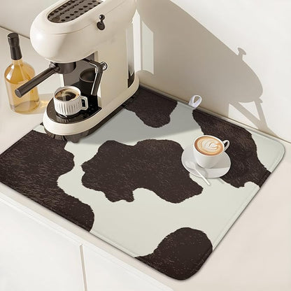 Milk Cow Drying Mat 18x16 Inch, Brown White Cowhide Drying Mat with Absorbent Reversible Microfiber, Cattle Fur Farmhouse Dish Drainer Mats Summer Rack Pad for Coffee Countertop Kitchen Protector