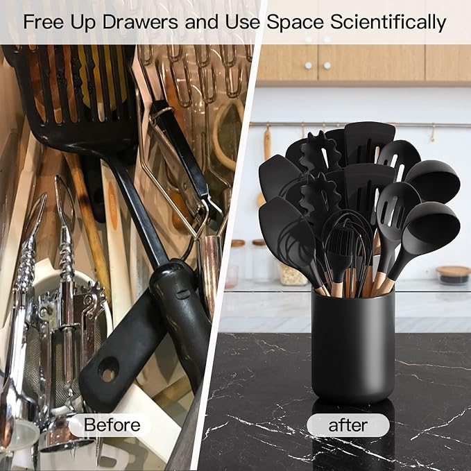 LATCHHOOK Black Kitchen Utensil Holder for Countertop, Matte Ceramic Cooking Utensil Crock for Counter Easy to Clean, Modern Spatula Holder for Farmhouse Décor 4.5×6.4 INCH - Image 5