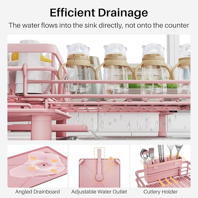 SNTD Dish Drying Rack - Extendable Dish Rack, Large Sink Drying Dish Drainer for Kitchen Counter, Stainless Steel Dish Strainer with Utensil Holder (Pink) - Image 6