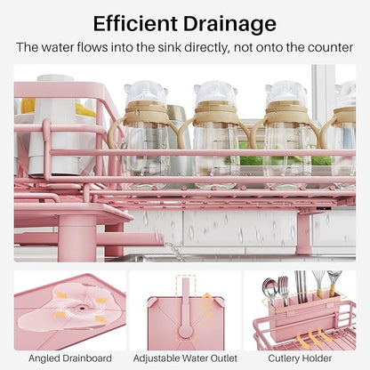 SNTD Dish Drying Rack - Extendable Dish Rack, Large Sink Drying Dish Drainer for Kitchen Counter, Stainless Steel Dish Strainer with Utensil Holder (Pink) - Image 6
