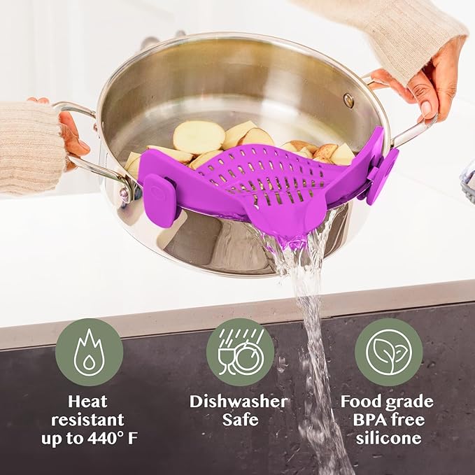 Kitchen Gizmo Snap N Strain Pot and Pasta Strainer - Strainers and Colanders - Adjustable Silicone Clip On Strainer for Pots, Pans, and Bowls - Kitchen Colander - Purple (Pack of 2) - Image 5