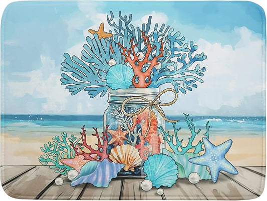 Coastal Coral Dish Drying Mat 18x24 inch Starfish Shell Fast Dry Microfiber Dish Rack Mats Drainer Pad for Countertop Kitchen Table Decor