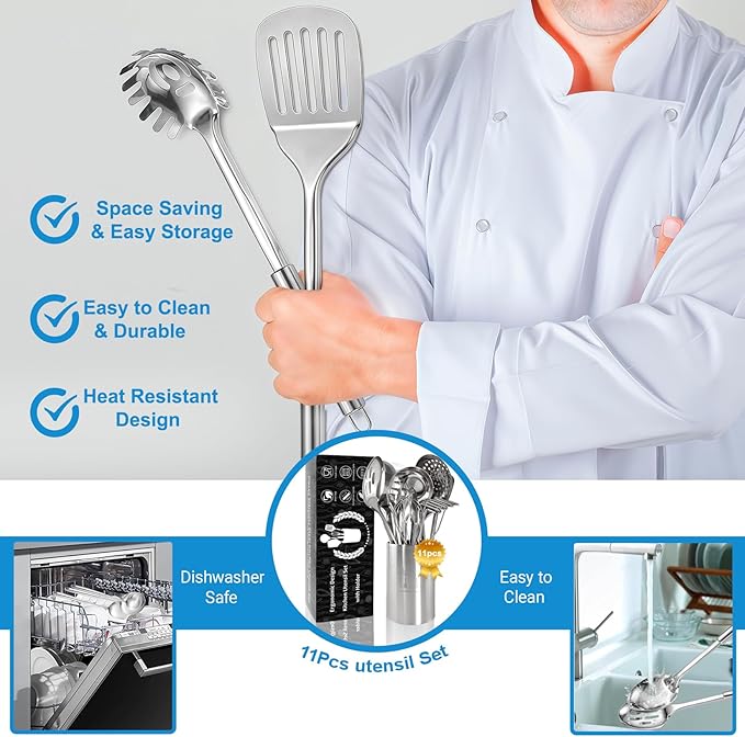 Cooking Utensils Set 11pcs - Stainless Steel Kitchen Utensils Set with Holder, Heat Resistant Kitchen Utensils Sets for Cooking with Turners, Potato Masher, Skimmer, Spoons, Ladle, Tongs, Whisk - Image 3