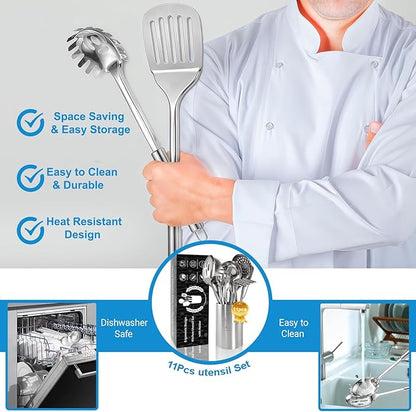Cooking Utensils Set 11pcs - Stainless Steel Kitchen Utensils Set with Holder, Heat Resistant Kitchen Utensils Sets for Cooking with Turners, Potato Masher, Skimmer, Spoons, Ladle, Tongs, Whisk - Image 3