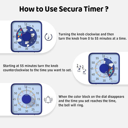 Secura 7.5-Inch Rocket Pattern Visual Timer for Kids, 60-Minute Countdown Timer for Classroom or Kitchen, Durable Mechanical Timer Clock with Magnetic Backing (Blue)