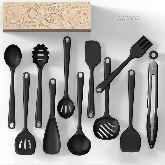 oannao Silicone Kitchen Utensils Set, 600°F Heat Resistant Silicone Cooking Utensils, Spatula, Spoon, Whisk, Tongs, Kitchen Gadgets Sets for Nonstick Cookware, Dishwasher Safe BPA Free (Black) - Image 3