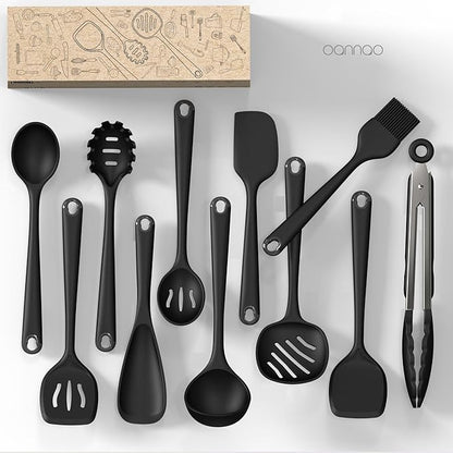 oannao Silicone Kitchen Utensils Set, 600°F Heat Resistant Silicone Cooking Utensils, Spatula, Spoon, Whisk, Tongs, Kitchen Gadgets Sets for Nonstick Cookware, Dishwasher Safe BPA Free (Black) - Image 3