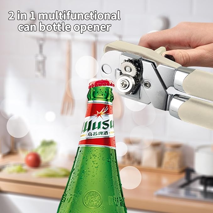 Safring Can Opener Manual, Handheld Strong Heavy Duty Stainless Steel Can Opener, Comfortable Handle, Sharp Blade Smooth Edge, Can Openers with Multifunctional Bottle Opener, Beige - Image 5