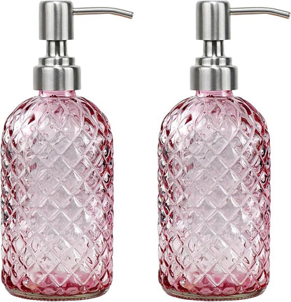 16 oz Soap Dispenser with 304 Rustproof Stainless Steel Pump, Kitchen, Bathroom Refillable Glass Liquid Soap Dispenser for Hand Soap, Soap, Lotion. (Pink-2pack) by SDlumeiy