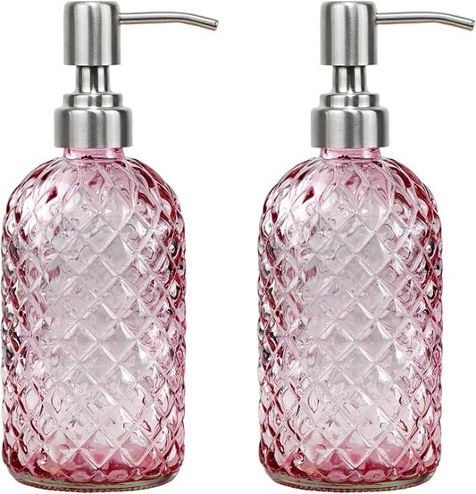 16 oz Soap Dispenser with 304 Rustproof Stainless Steel Pump, Kitchen, Bathroom Refillable Glass Liquid Soap Dispenser for Hand Soap, Soap, Lotion. (Pink-2pack) by SDlumeiy