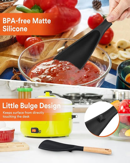 Cooking Spoon for Nonstick Cookwares, Great for Cooking and Serving Sturdy BPA-Free Matte Silicone, Wood Handle Spoon for Mixing, Scoop, and Scrape (2 Pack of Black, 11.4 inch) - Image 5