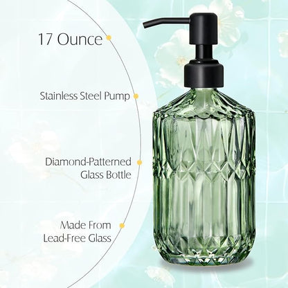 COHOSEGE 17 Oz Green Glass Kitchen Soap Dispenser for Dish Soap, 2 Pack Bathroom Soap Dispenser Set with Black Rust Proof Pump for Lotion, Hand soap or Body Wash - Image 2
