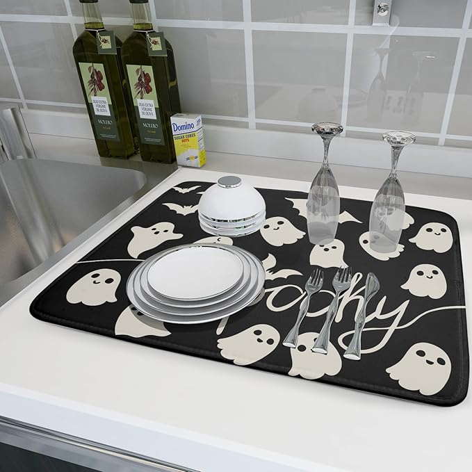 Halloween Dish Drying Mat for Kitchen Counter 18x24 Cute Ghost Black Spooky Holiday Scary Theme Absorbent Reversible Microfiber Drying Mats Kitchen Countertop Protector Dishes Drainer Pad - Image 6