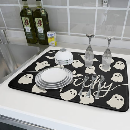 Halloween Dish Drying Mat for Kitchen Counter 18x24 Cute Ghost Black Spooky Holiday Scary Theme Absorbent Reversible Microfiber Drying Mats Kitchen Countertop Protector Dishes Drainer Pad - Image 6