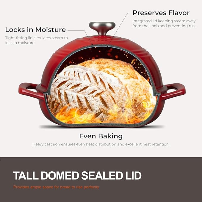 Overmont Enameled Cast Iron Bread Oven - 6QT Bread Dutch Oven for Sourdough Baking - Bread Pot with Dome Lid Cotton Potholders & Cookbook - Multi-Functional Bread Pan For Baking Frying Roasting - Image 4