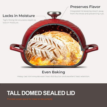Overmont Enameled Cast Iron Bread Oven - 6QT Bread Dutch Oven for Sourdough Baking - Bread Pot with Dome Lid Cotton Potholders & Cookbook - Multi-Functional Bread Pan For Baking Frying Roasting - Image 4