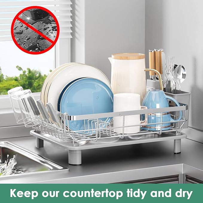 MOUKABAL Dish Drying Rack, Dish Rack, Stainless Steel Dish Racks for Kitchen Counter, Dish Drainer with Removable Utensil Holder, Drainboard (Grey,Stainless Steel,13''W x 17''L) - Image 7