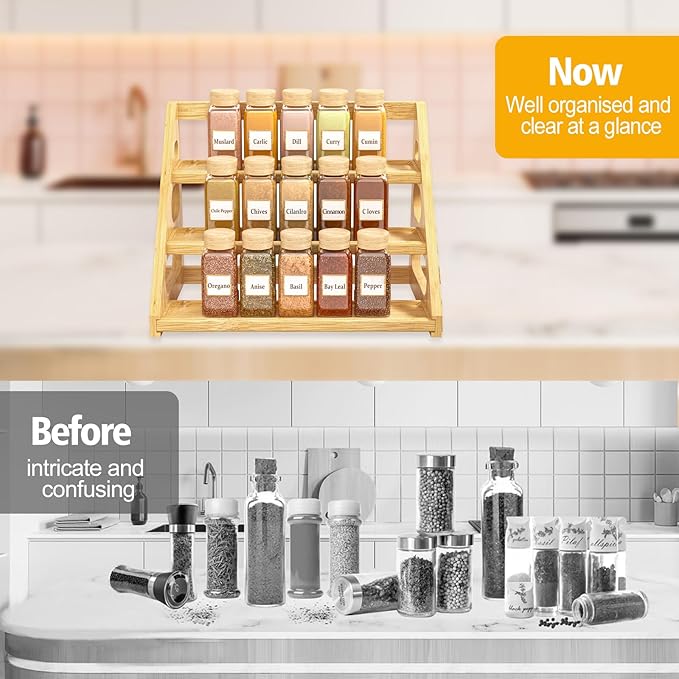 Spice Rack - Tiered Spice Rack Organization for Cabinet - 3 Tier Bamboo Display Spice Shelf for Countertop - Image 4