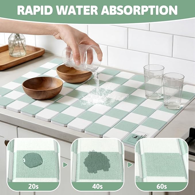 Yamaziot Large Stone Drying Mat for Kitchen Counter, 15.3"x24" Foldable Ultra Absorbent Stone Drying Mat, Quick-Dry Diatomaceous Earth Mat, Non-Slip Heat Resistant Mat for Dishes, Cups, Bottles, Green