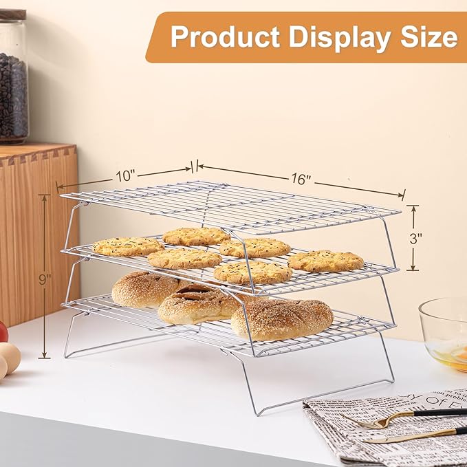 Cooling Rack for Baking 3 Tiers, 16" x 10" Cookie Cooling Wire Rack Stackable Collapsible Nonstick, Stainless Steel Baking Cooking Cooling Racks with Optimum Air Flow, Silver - Image 2