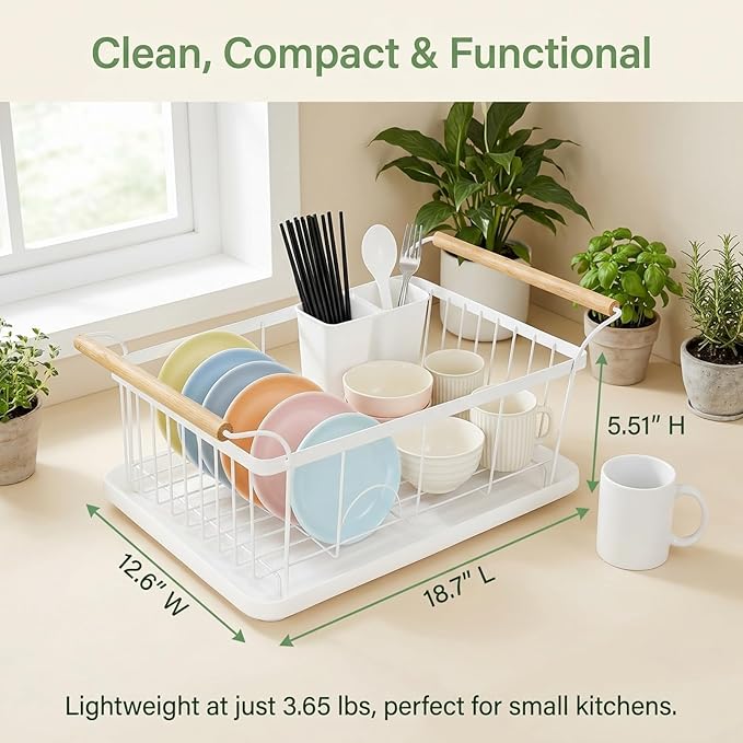 Dish Racks for Kitchen Counter, Thickened Metal Dish Drying Rack with Wooden Handles, Kitchen Countertop Organizer for Dishes, Spoons and Forks, No Assembly, White, 18.7''*12.6''*5.51'' - Image 2