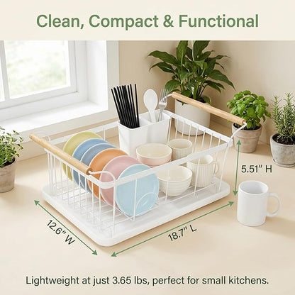 Dish Racks for Kitchen Counter, Thickened Metal Dish Drying Rack with Wooden Handles, Kitchen Countertop Organizer for Dishes, Spoons and Forks, No Assembly, White, 18.7''*12.6''*5.51'' - Image 2