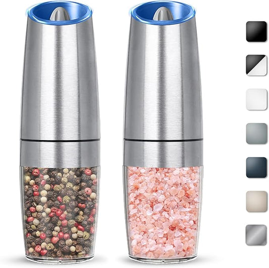 Gravity Electric Salt And Pepper Grinder Set, Automatic Salt And Pepper Grinder Set, Battery Powered (6 AAA Batteries Each), Adjustable Roughness, LED Light, 2 Pack, (Silver) by KIARYUOLL