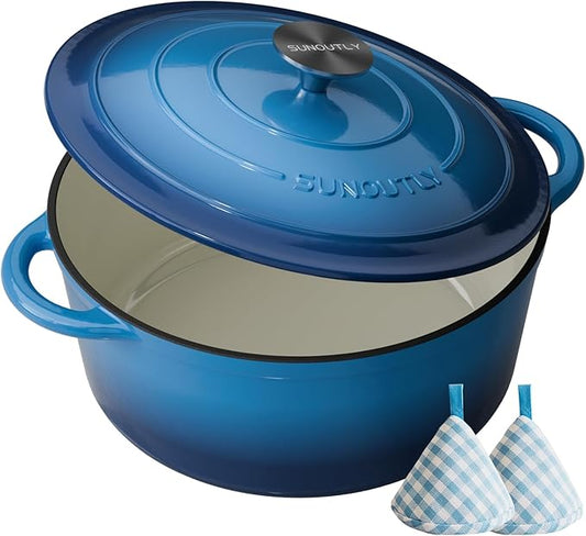 Enameled Cast Iron Dutch Oven - 7.5QT Dutch Oven Pot with Lid & Cotton Potholders - Heavy-Duty Non Stick Casserole Pot for Braising, Stews, Roasting, Baking, Suitable for All Stovetops, Navy Blue by SUNOUTLY