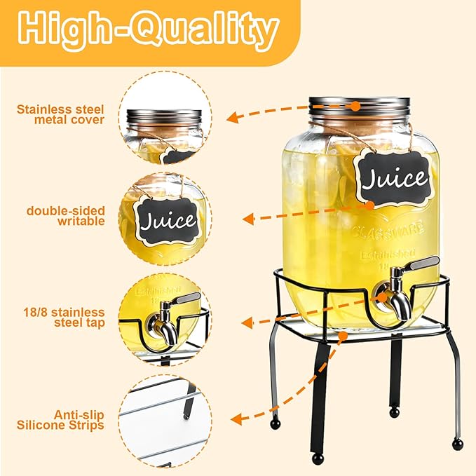 2 Pack1 Gallon Glass Drink Dispensers For Parties,Beverage Dispenser with Stand,304 Stainless Steel Spigot Leakproof,Lemonade Dispenser for Sun Tea, Homemade Juice - Image 7