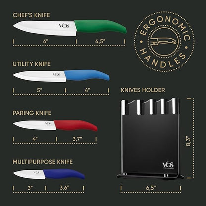Vos Ceramic Knife Set with Block, Ceramic Knives Set For Kitchen, Ultra Sharp Kitchen Knife Set with Covers, 3" 4" 5" 6" Chef Knife, Utility, Paring & versatile, Light & Dishwasher safe (Multi-Color)