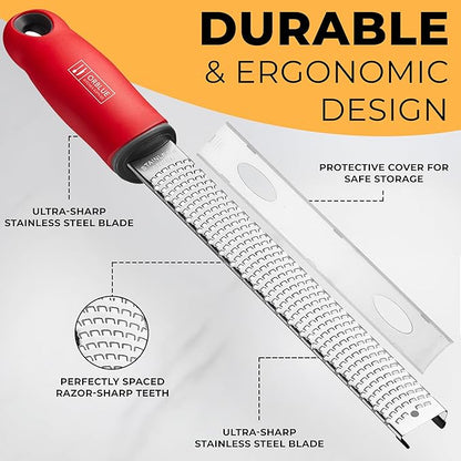 Orblue Lemon Zester & Cheese Grater - Premium Citrus Zester, Kitchen Grater for Parmesan, Chocolate, Fruits, Vegetables, Ginger, Garlic, Nutmeg - Stainless Steel Blades with Protective Cover, Red - Image 4