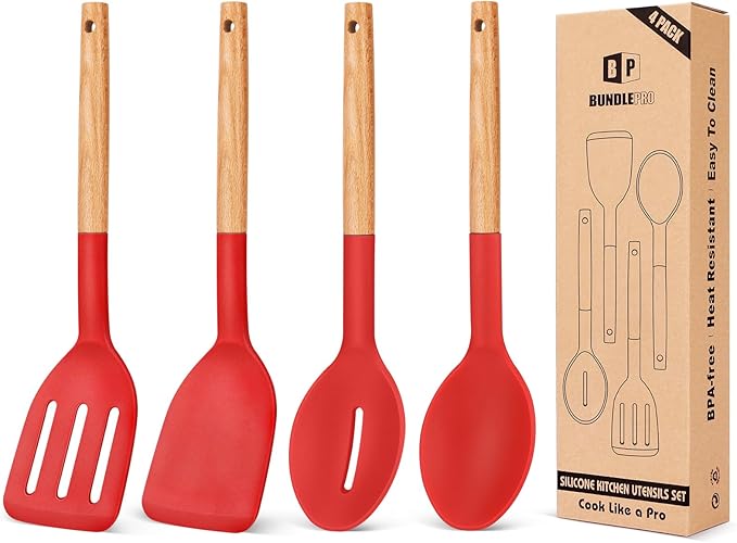 Pack of 4 Silicone Cooking Utensils Set, Non Stick Solid Spatulas and Heat Resistant Slotted Spoons with Wooden Handle, Ideal Wood Kitchen Utensils Set for Frying,Serving,Turning,Stirring (RED) by BUNDLEPRO
