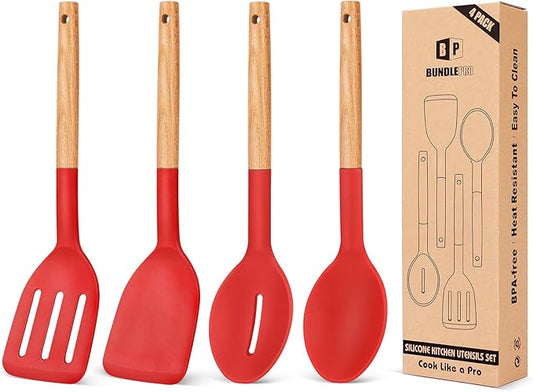 Pack of 4 Silicone Cooking Utensils Set, Non Stick Solid Spatulas and Heat Resistant Slotted Spoons with Wooden Handle, Ideal Wood Kitchen Utensils Set for Frying,Serving,Turning,Stirring (RED) by BUNDLEPRO