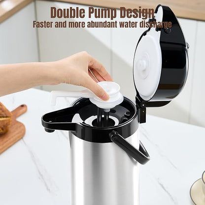 Upgraded Airpot Coffee Carafe with Double Pump, Stainless Steel Drink Dispenser for Hot/Cold Beverage with Lazy Susan Base for Hot Cocoa for Parties (2 Pack - Stainless steel color, 84.5 Ounces)
