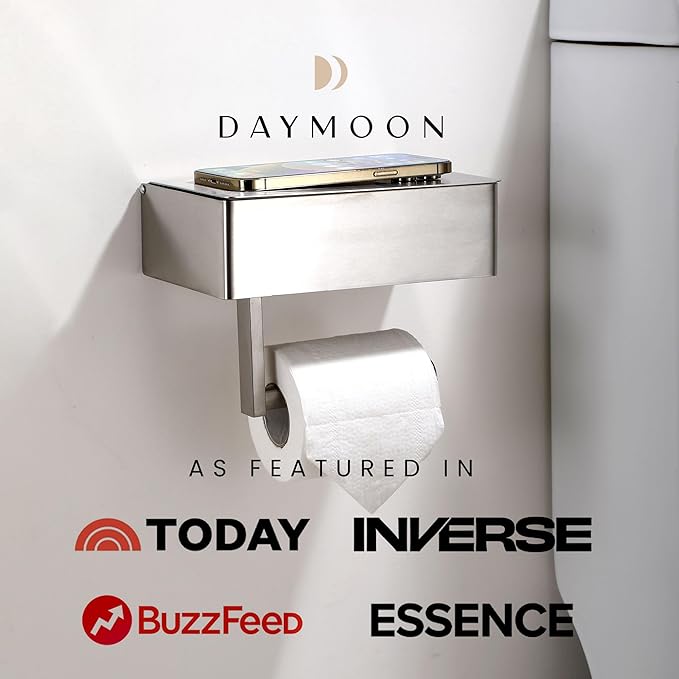 Day Moon™ - Toilet Paper Holder with Shelf - Modern Roll Holder for Bathroom - 1 Pack - Wall Mount - with Storage, Brushed Nickel - Image 4