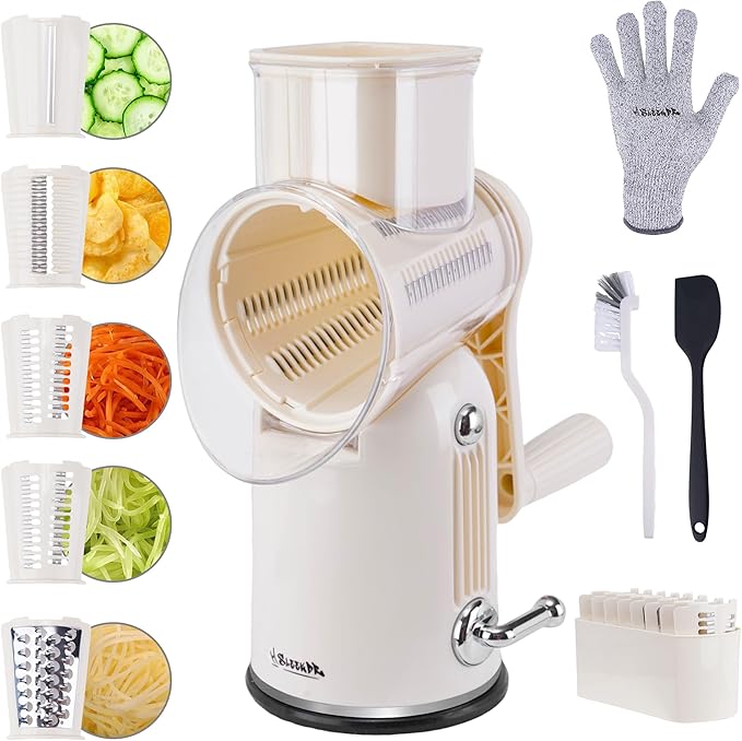5-in-1 Rotary Cheese Grater Vegetable Slicer with Handle - Upgraded Hand Crank Cheese Grater with Handle and Strong Suction Base, Multi-Purpose Slicer with 5 Blades (White) by SLEEKDRRotaryCheeseGrater