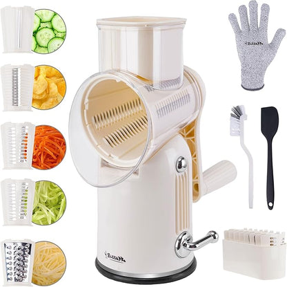 5-in-1 Rotary Cheese Grater Vegetable Slicer with Handle - Upgraded Hand Crank Cheese Grater with Handle and Strong Suction Base, Multi-Purpose Slicer with 5 Blades (White) by SLEEKDRRotaryCheeseGrater
