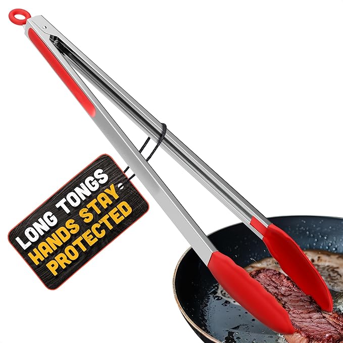 Salad Tongs - 17.3" Extra Long Tongs with Silicone Tip & Stainless Steel Frame for Salad Mixing & Serving, Safe Turning of Steaks, Burgers & Veggies - Easy-Lock Handle, Non-Slip Grip & Storage Loop by Lagarto